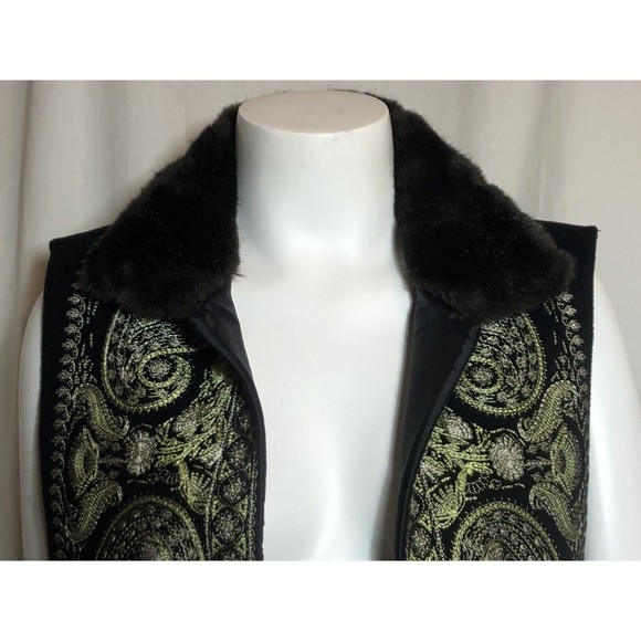 LINDA ALLARD ELLEN TRACY Wool Vest Embroidered Black Faux Fur Collar Small - Picture 4 of 12